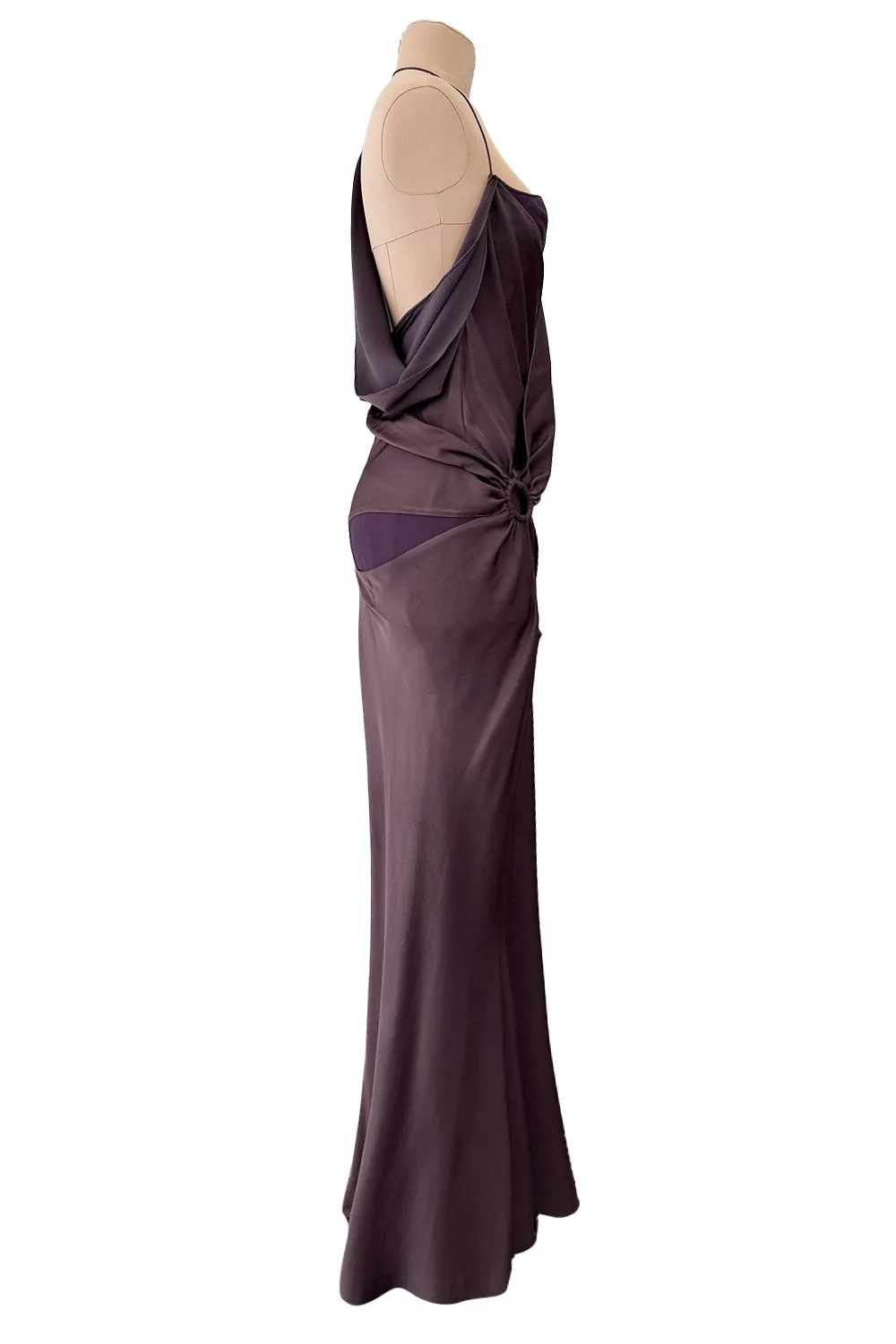 Gorgeous Fall 2003 John Galliano Bias Cut Deep Purple Silk Dress w Draped Arm Panels