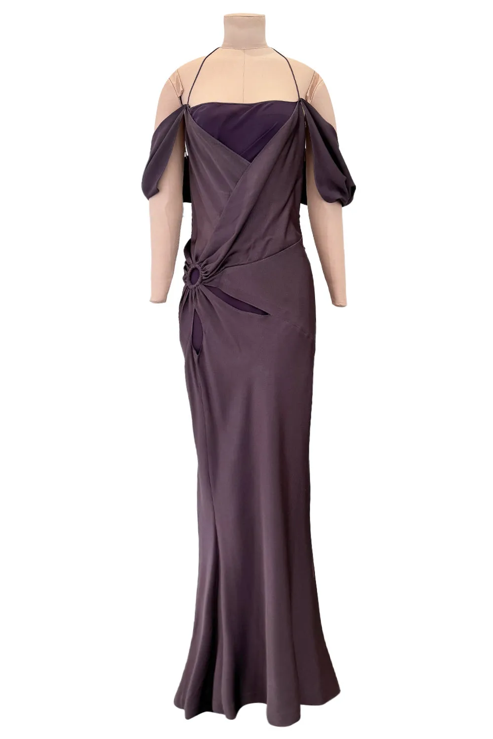 Gorgeous Fall 2003 John Galliano Bias Cut Deep Purple Silk Dress w Draped Arm Panels