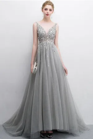 Gray A Line Tulle V Neck Sequin Long Prom Dresses