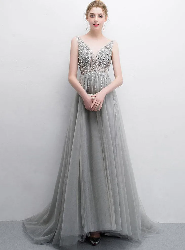 Gray A Line Tulle V Neck Sequin Long Prom Dresses