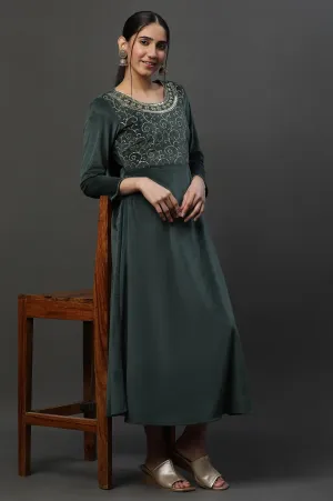 Green Embellished Velvet Festive Winter Dress
