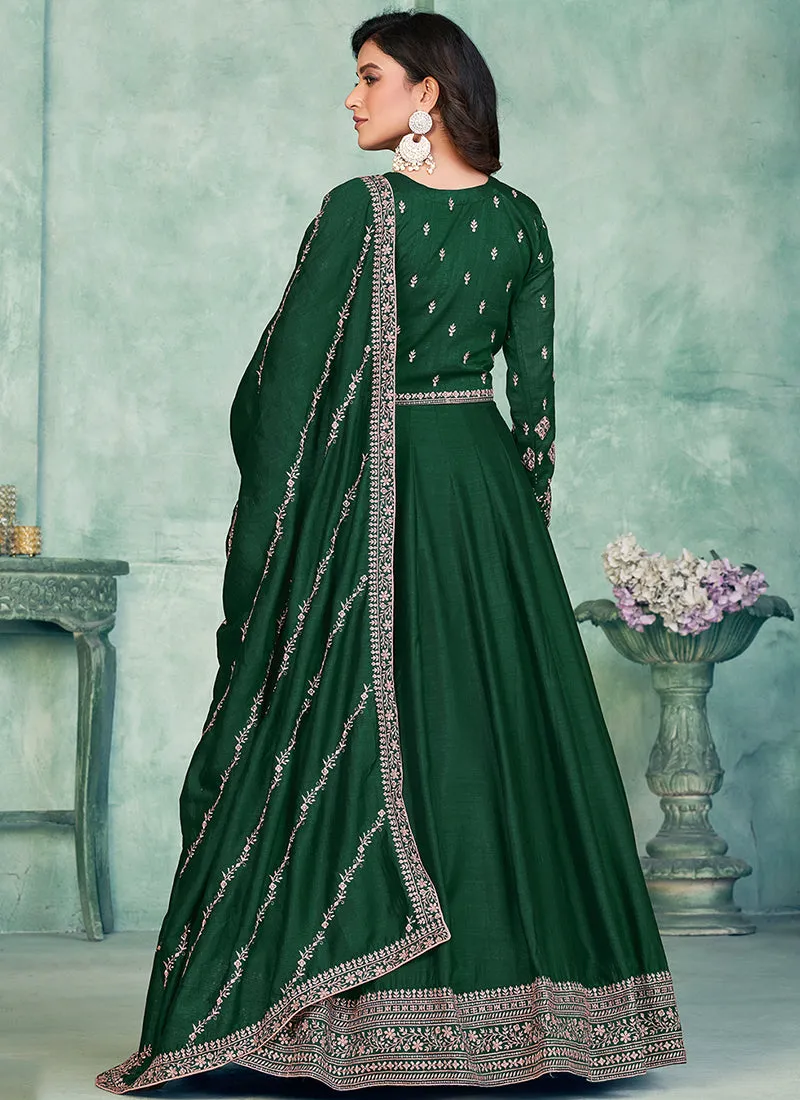 Green Embroidery Traditional Silk Anarkali Suit