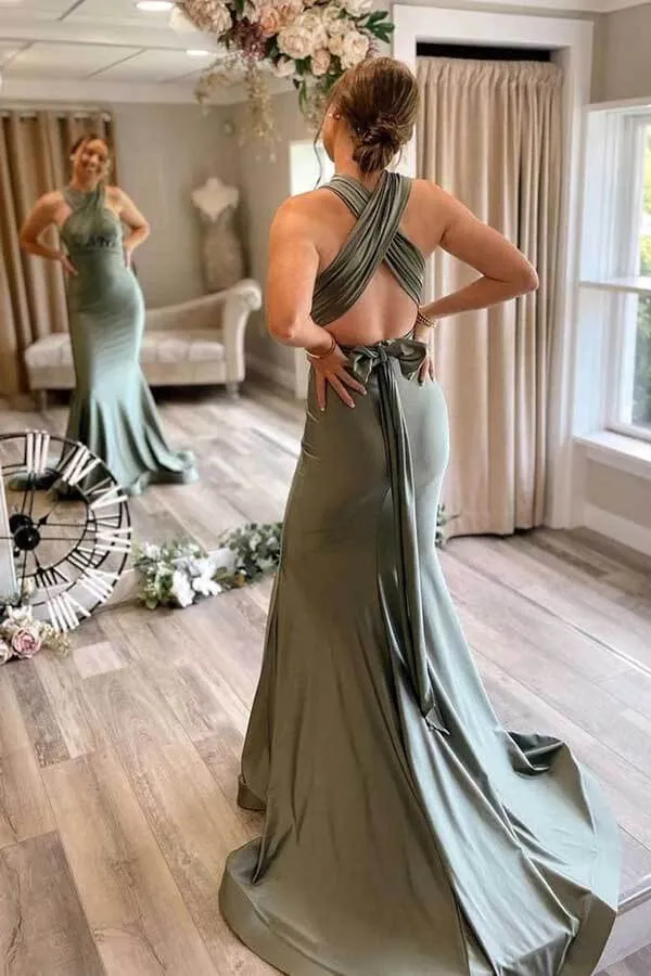Green Satin Mermaid Sweep Train Bridesmaid Dresses, Wedding Party Dress, BD125