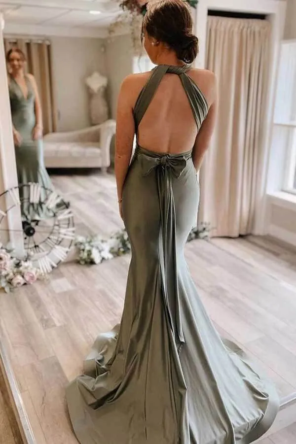 Green Satin Mermaid Sweep Train Bridesmaid Dresses, Wedding Party Dress, BD125
