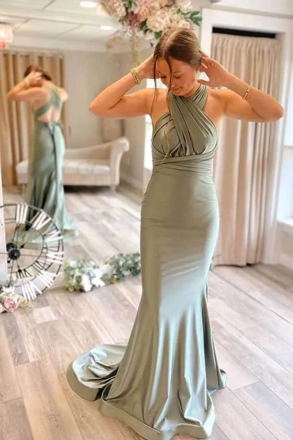 Green Satin Mermaid Sweep Train Bridesmaid Dresses, Wedding Party Dress, BD125