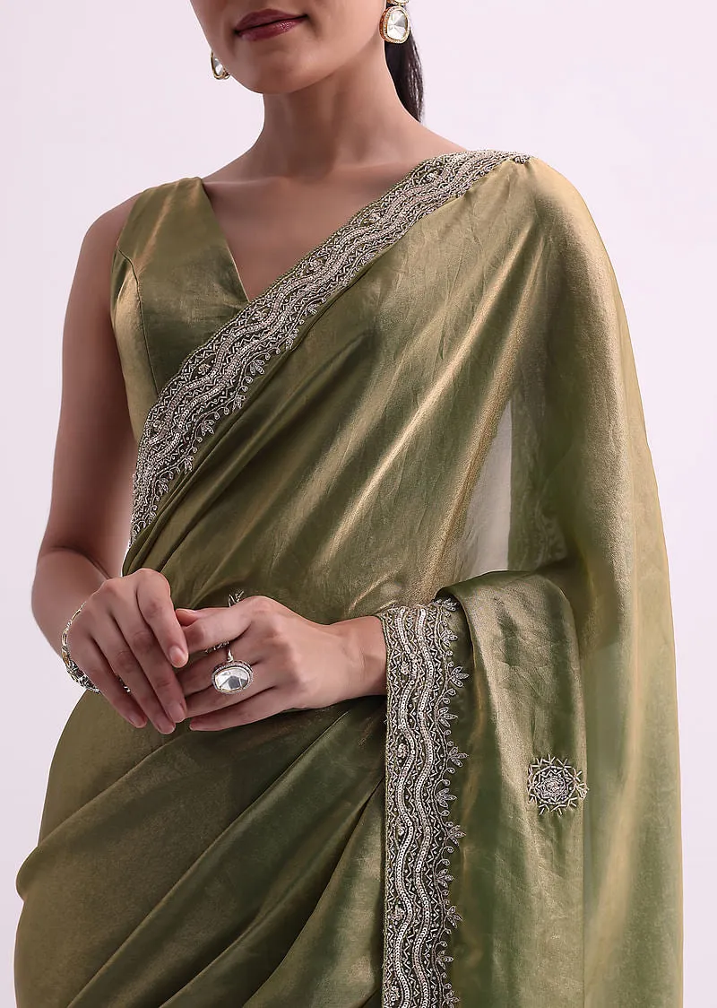 Green Tissue Organza Saree With Scallop Sequin Border