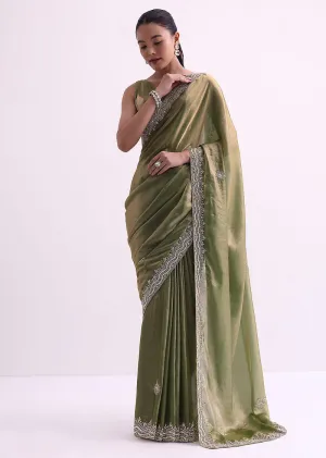 Green Tissue Organza Saree With Scallop Sequin Border