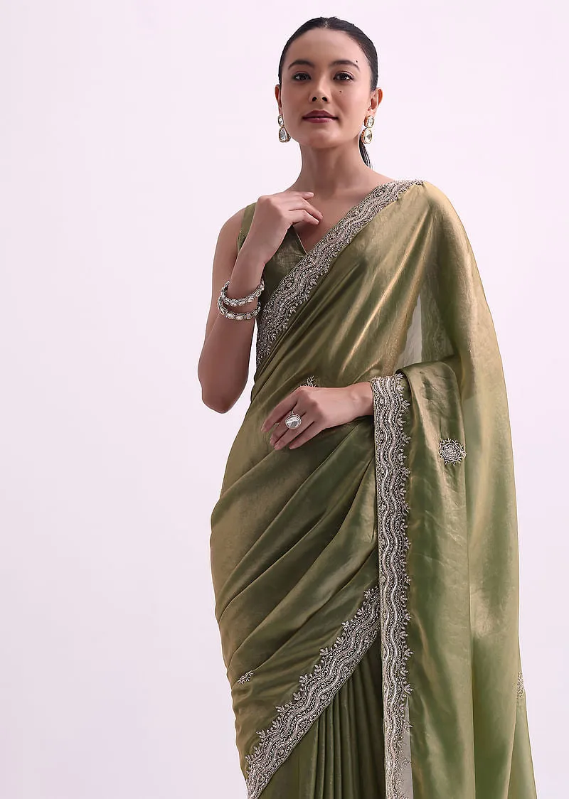 Green Tissue Organza Saree With Scallop Sequin Border