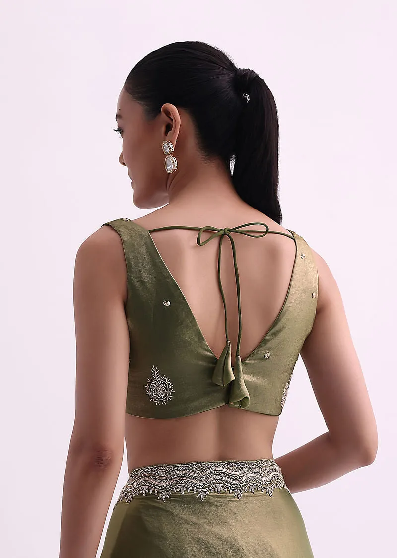 Green Tissue Organza Saree With Scallop Sequin Border