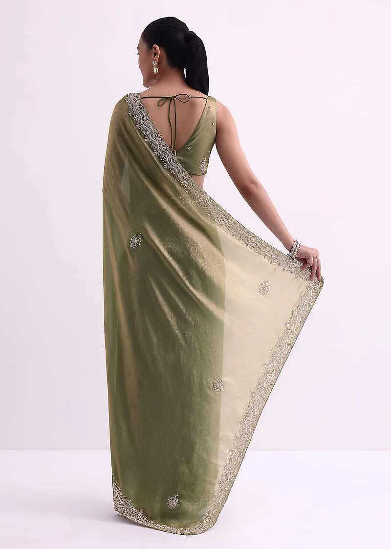 Green Tissue Organza Saree With Scallop Sequin Border
