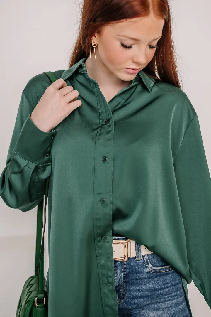 Green With Envy Satin Button Down Top