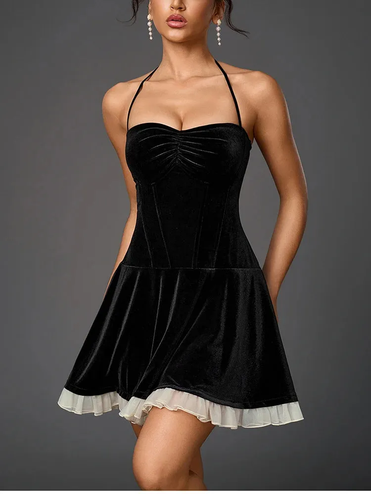Halter Contrast Velvet Double Layer Corset Dress