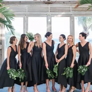 High-Low V-neck Black Satin A-line Long Cheap Bridesmaid Dresses, BDS0080