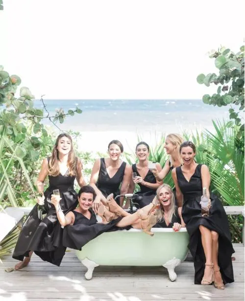 High-Low V-neck Black Satin A-line Long Cheap Bridesmaid Dresses, BDS0080