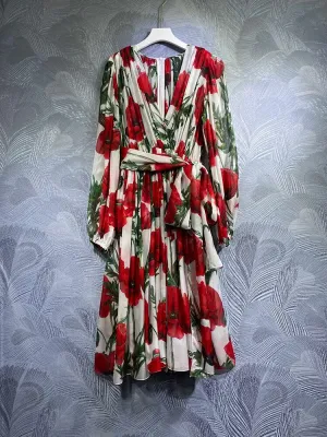 High Quality Designer Real Silk With Belt Safflower Print Midi Dresses