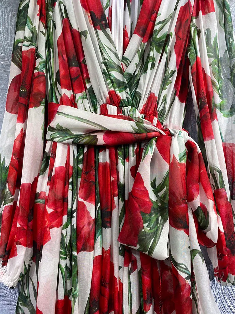 High Quality Designer Real Silk With Belt Safflower Print Midi Dresses