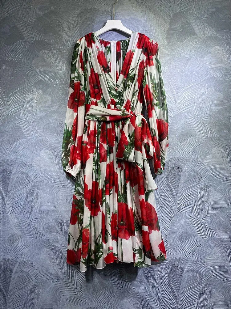 High Quality Designer Real Silk With Belt Safflower Print Midi Dresses