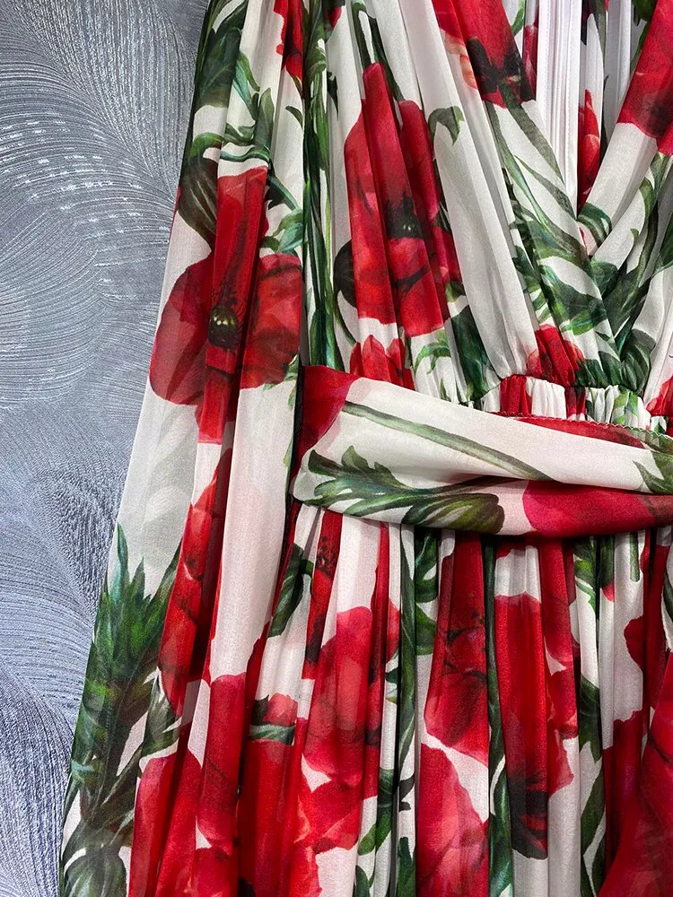 High Quality Designer Real Silk With Belt Safflower Print Midi Dresses