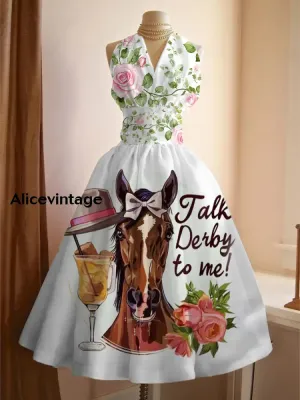Horse Art Print V-Neck Sleeveless Vintage Elegant Dress Derby Dress