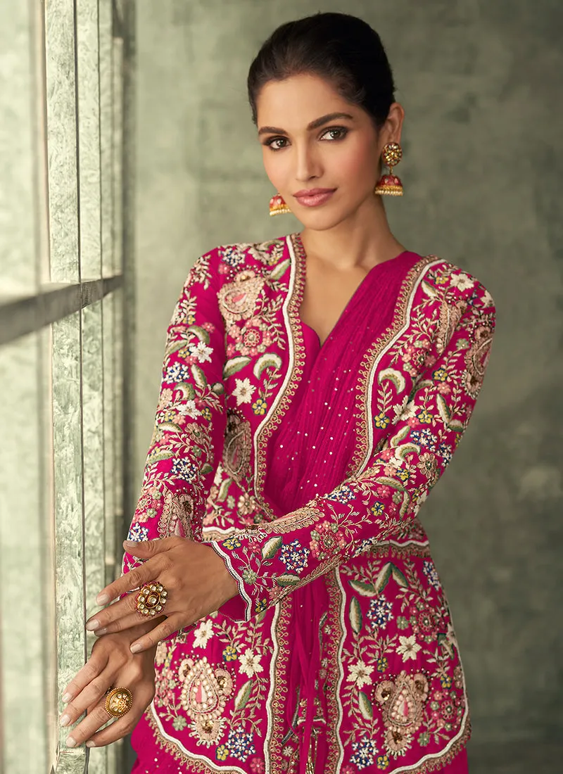 Hot Pink Multi Embroidery Saree Gown With Jacket