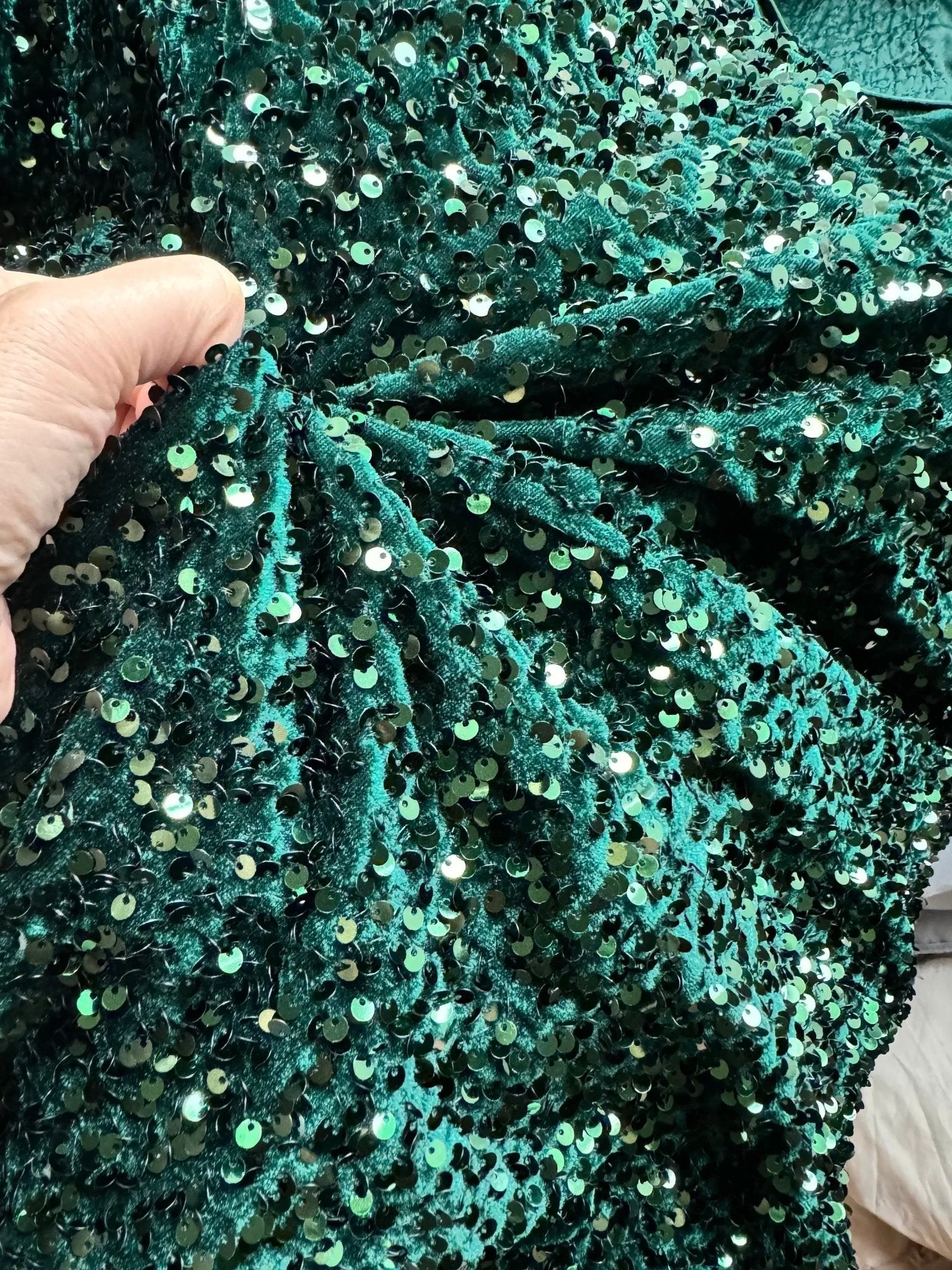 Hunter Green Sequins on Green Stretch Velvet Fabric
