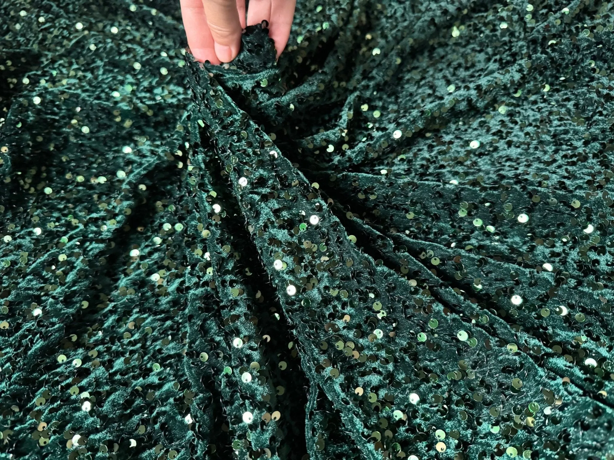 Hunter Green Sequins on Green Stretch Velvet Fabric