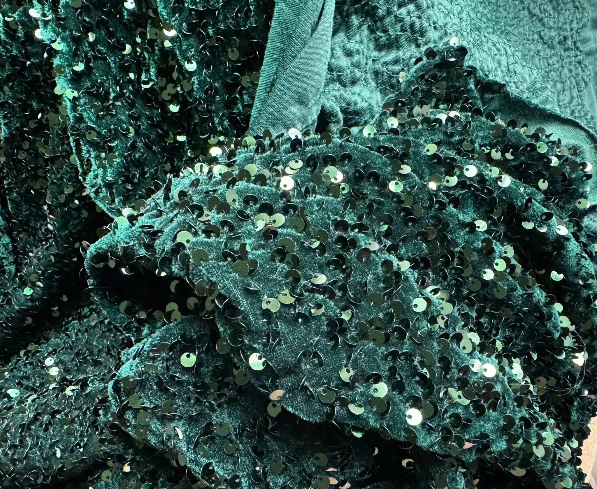 Hunter Green Sequins on Green Stretch Velvet Fabric