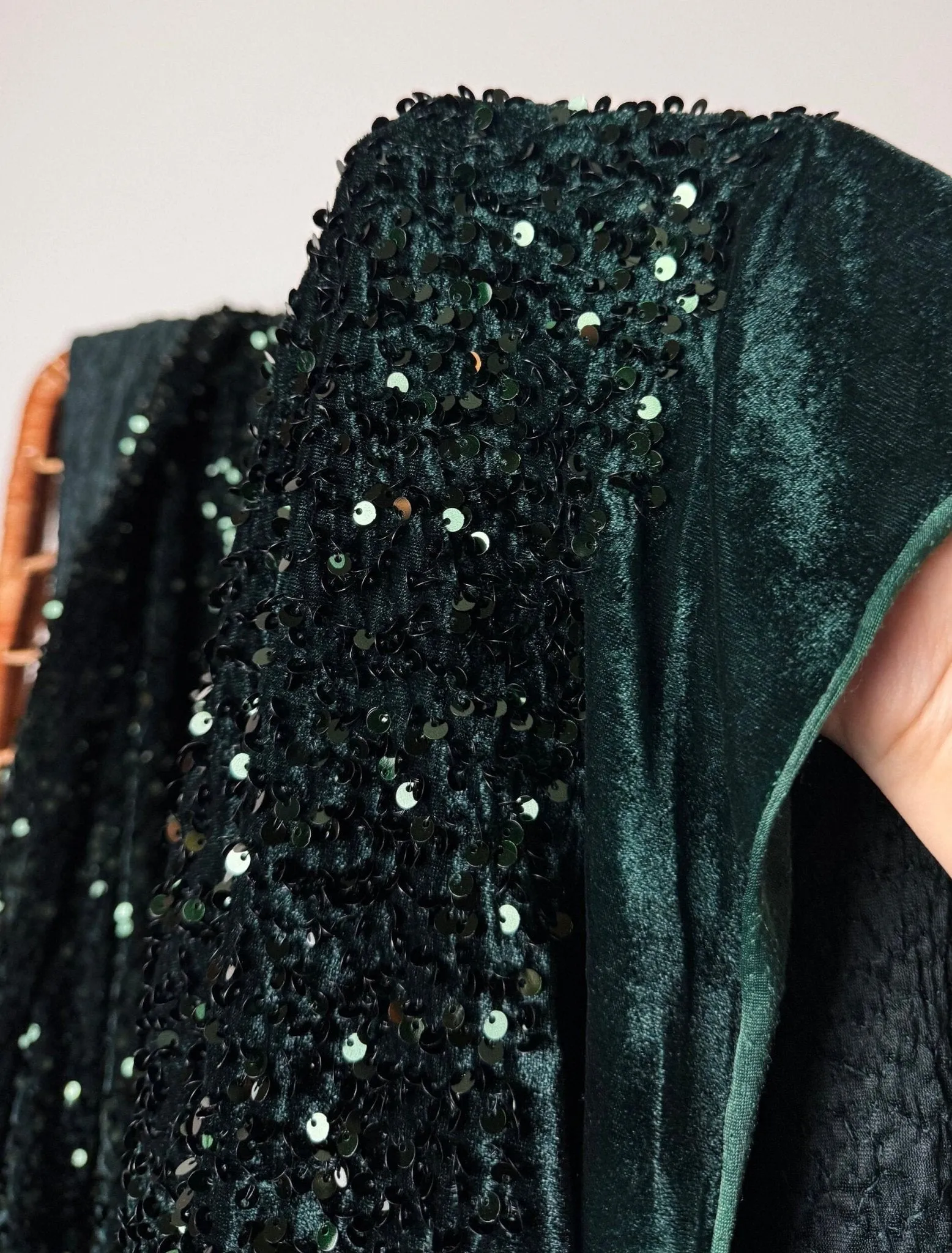 Hunter Green Sequins on Green Stretch Velvet Fabric