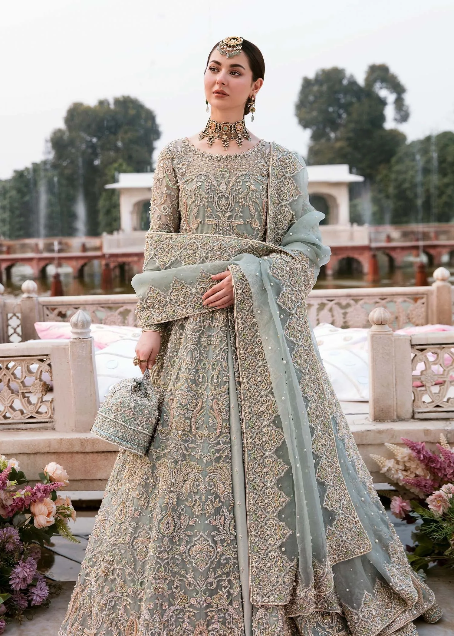 Ice Blue Front Open Lehenga Gown Pakistani Wedding Dresses