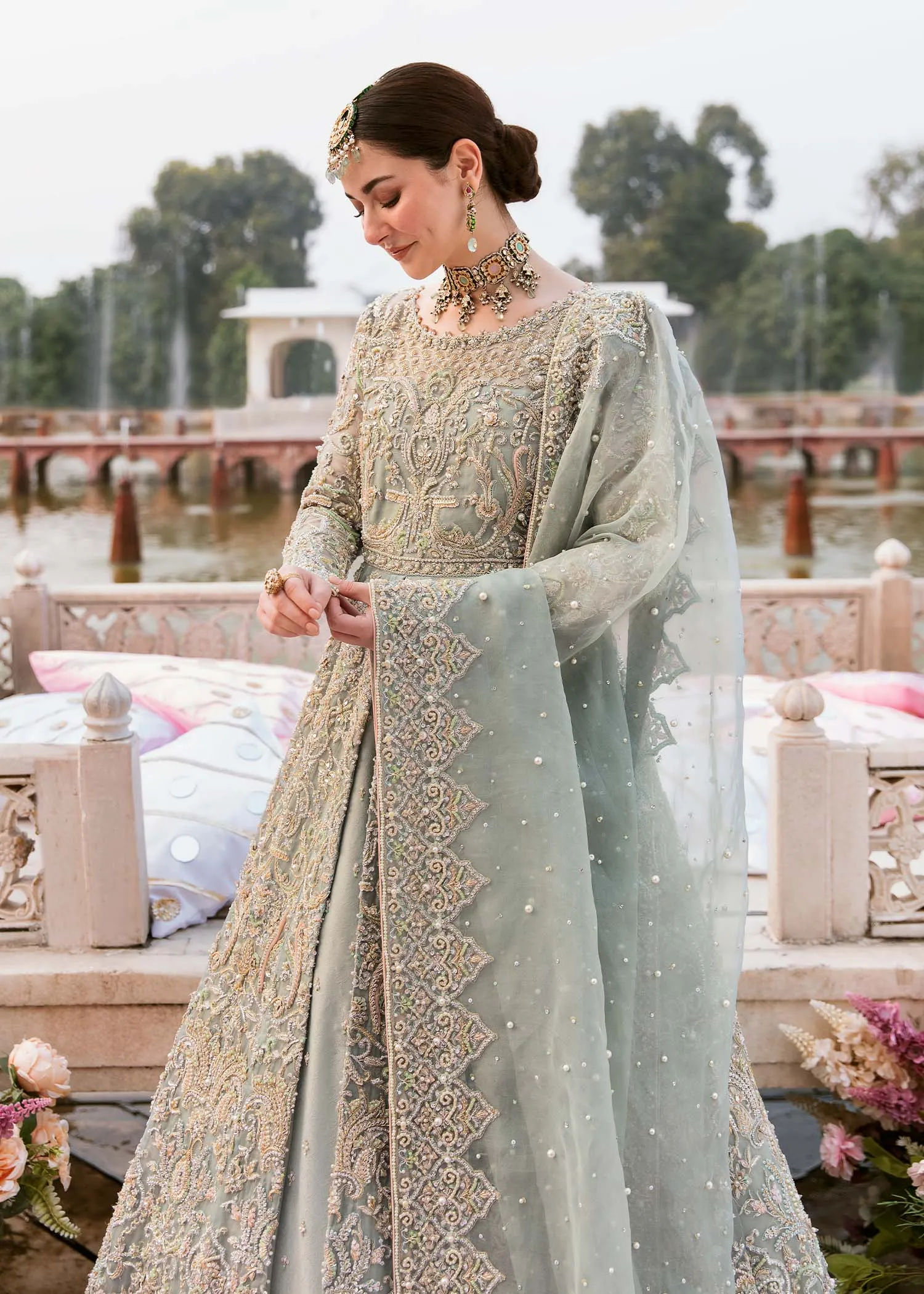 Ice Blue Front Open Lehenga Gown Pakistani Wedding Dresses