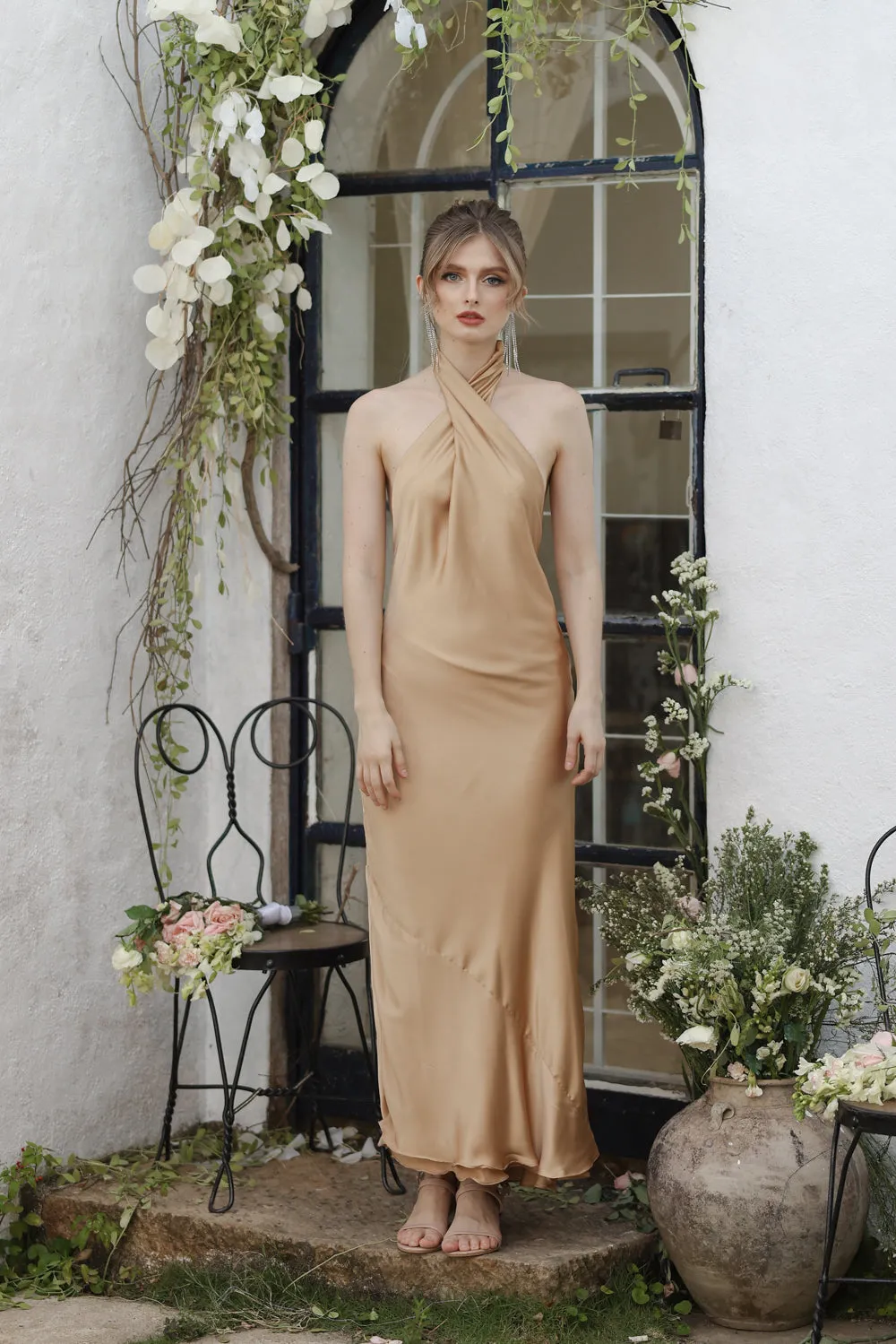 ILARIA Twist Silk Midi Dress (Bronze SC Silk)