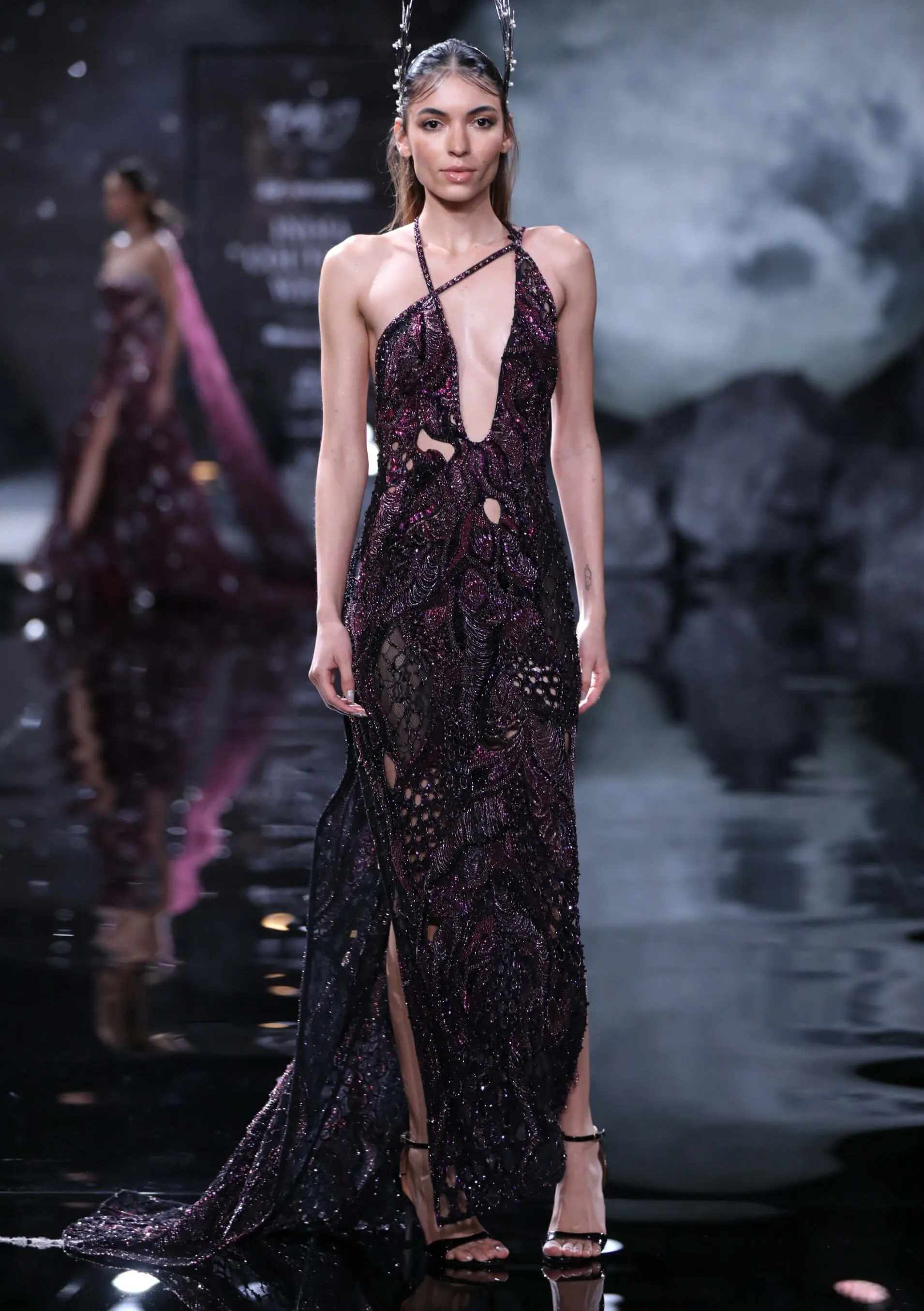Iris black crystallized cutwork gown