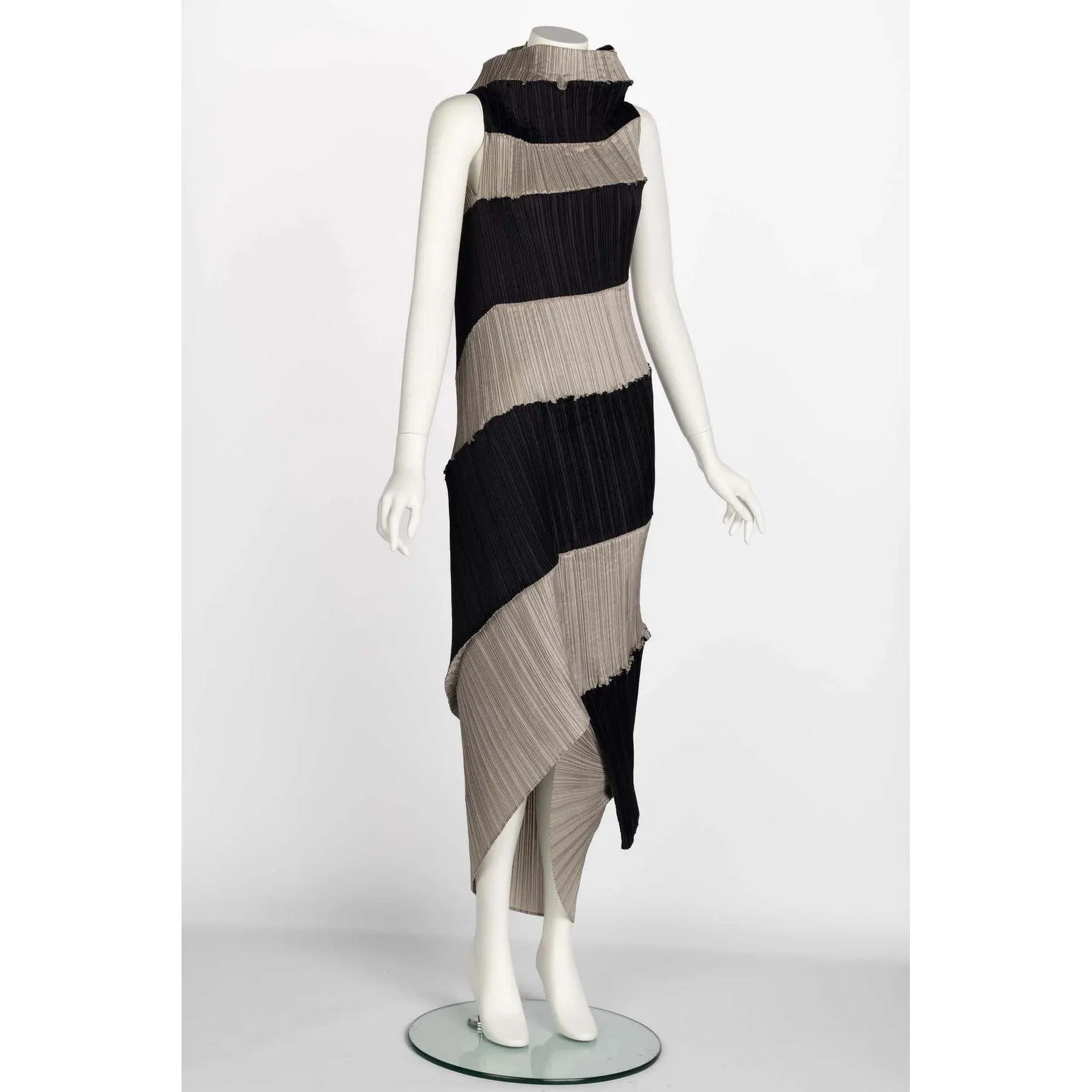ISSEY MIYAKE 1990 Black & Beige Striped Pleated Spiral Dress | Size S/M