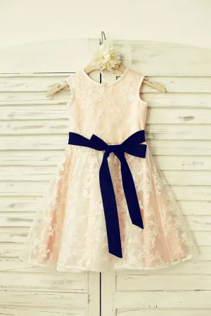 Ivory Lace Blush Pink Lining Flower Girl Dress, Belt