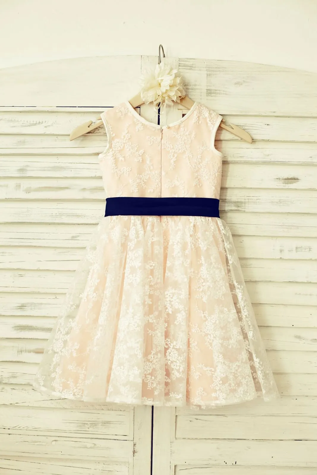 Ivory Lace Blush Pink Lining Flower Girl Dress, Belt