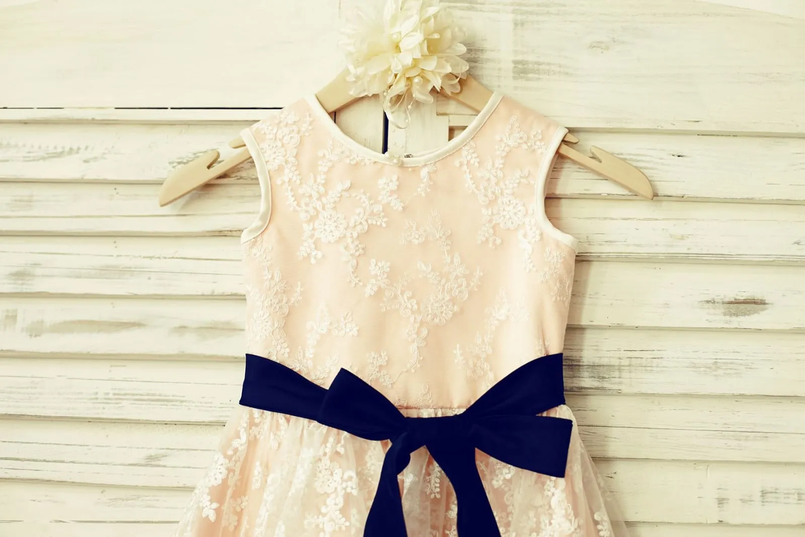 Ivory Lace Blush Pink Lining Flower Girl Dress, Belt