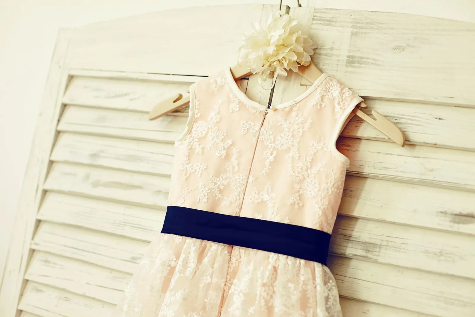 Ivory Lace Blush Pink Lining Flower Girl Dress, Belt