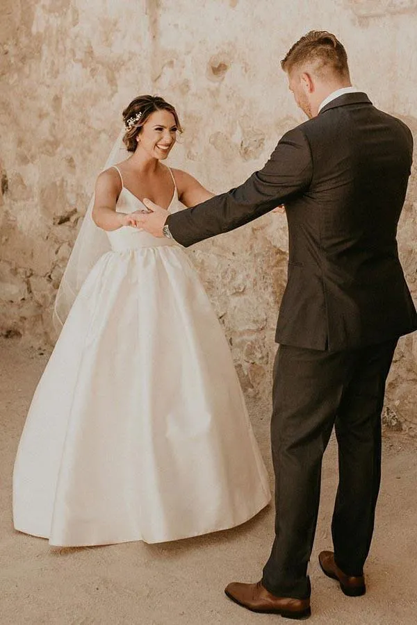Ivory Satin A-line V-neck Spaghetti Straps Sleeveless Wedding Dresses, MW1054