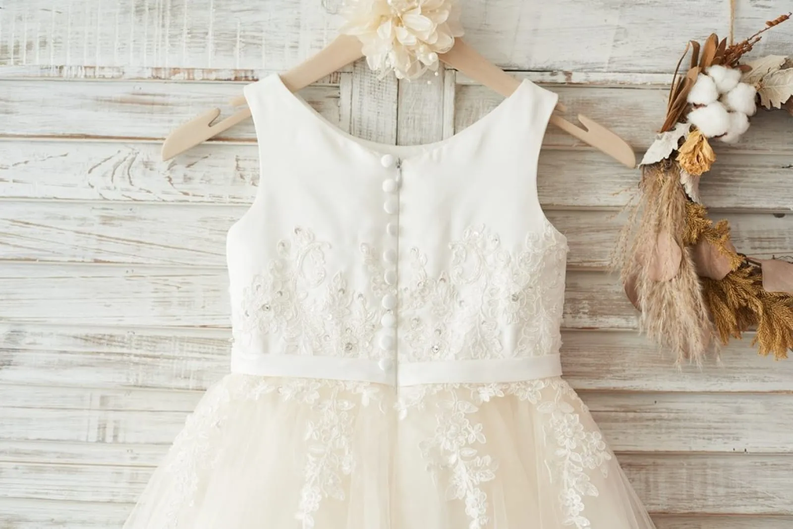 Ivory Satin Champagne Tulle Wedding Flower Girl Dress, Beaded Lace