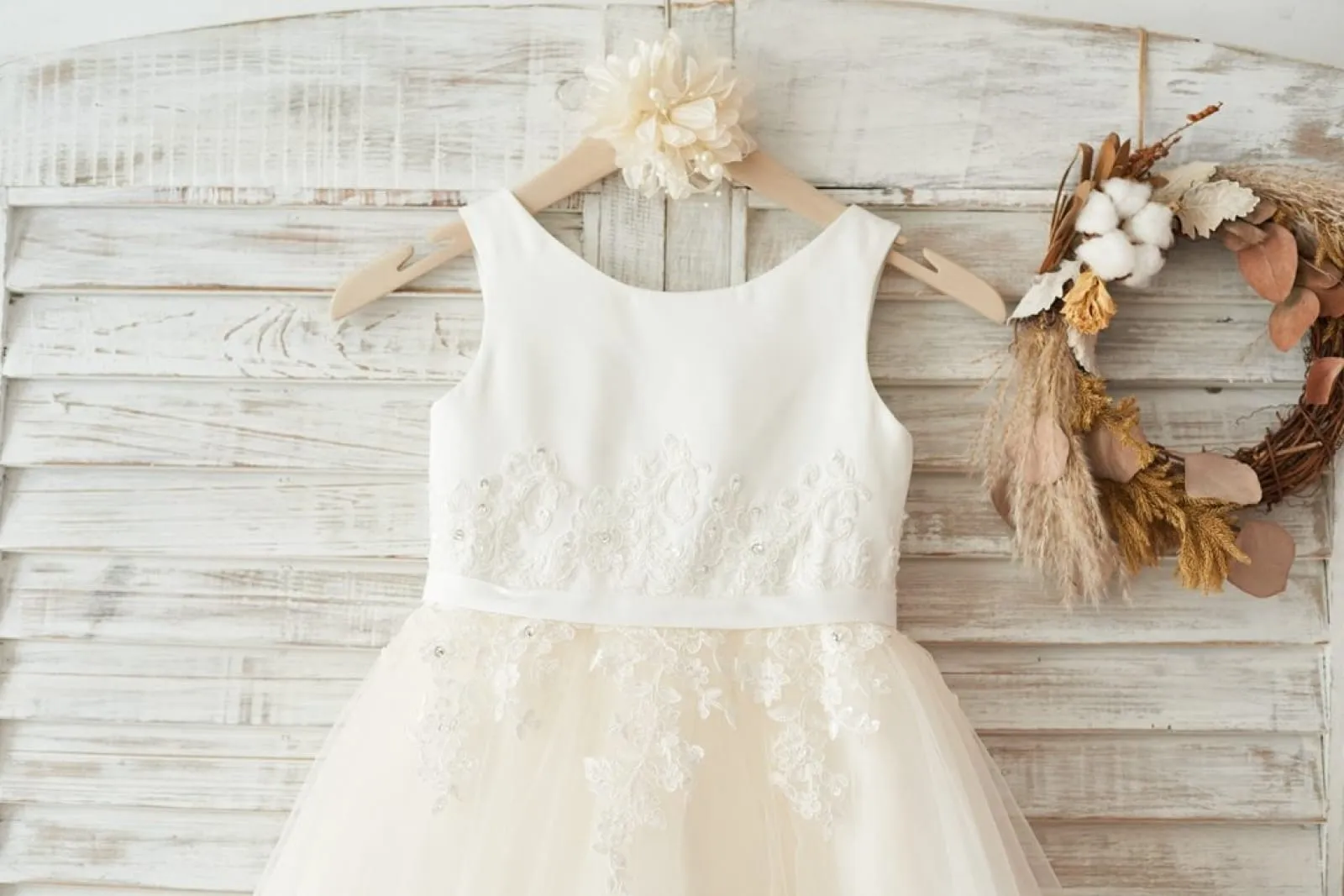 Ivory Satin Champagne Tulle Wedding Flower Girl Dress, Beaded Lace