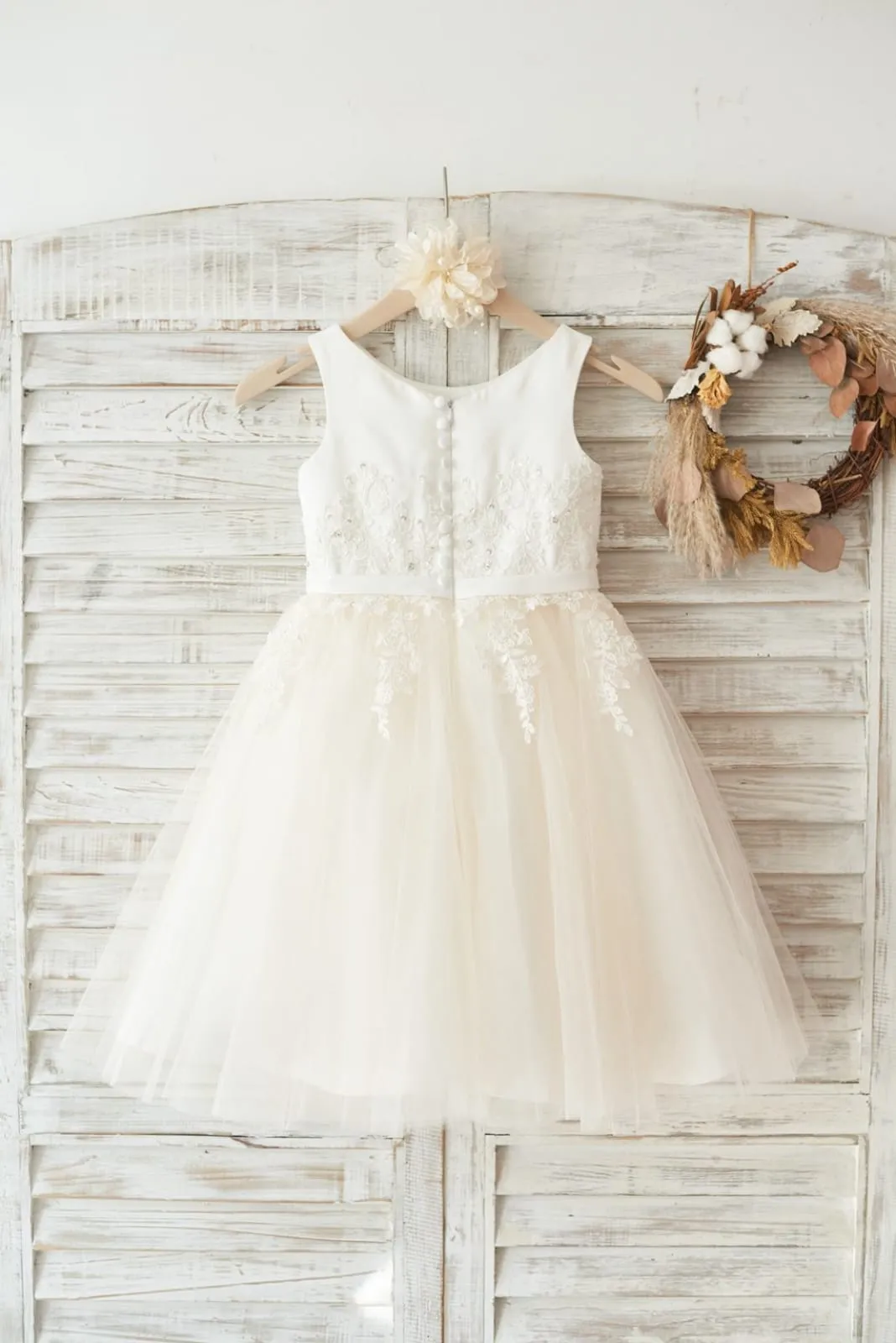 Ivory Satin Champagne Tulle Wedding Flower Girl Dress, Beaded Lace
