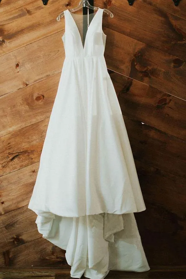 Ivory Satin Simple A-line V-neck Wedding Dresses, Elegant Bridal Gown, MW545