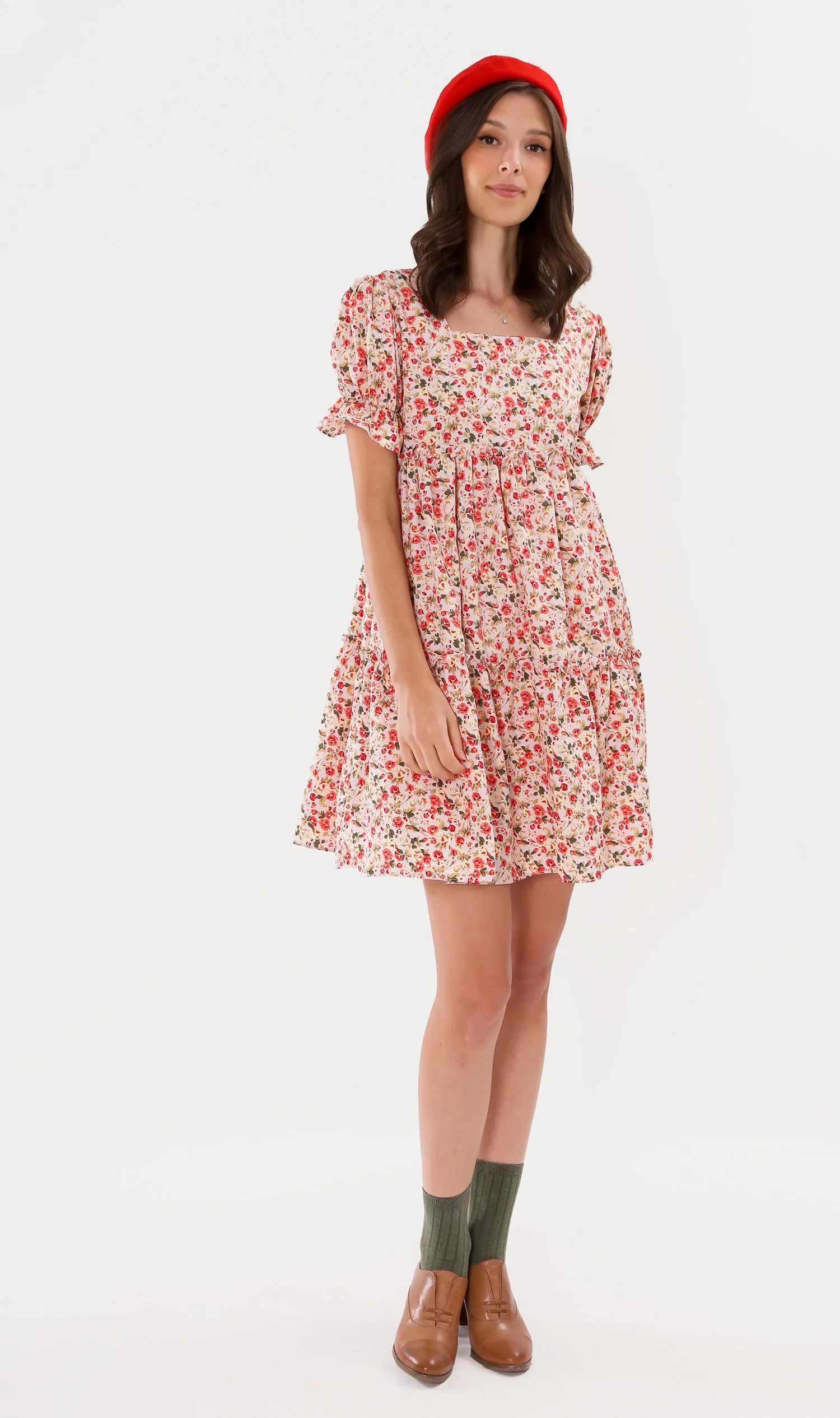 JADE Tiered Puff-Sleeve Dress (Pink)