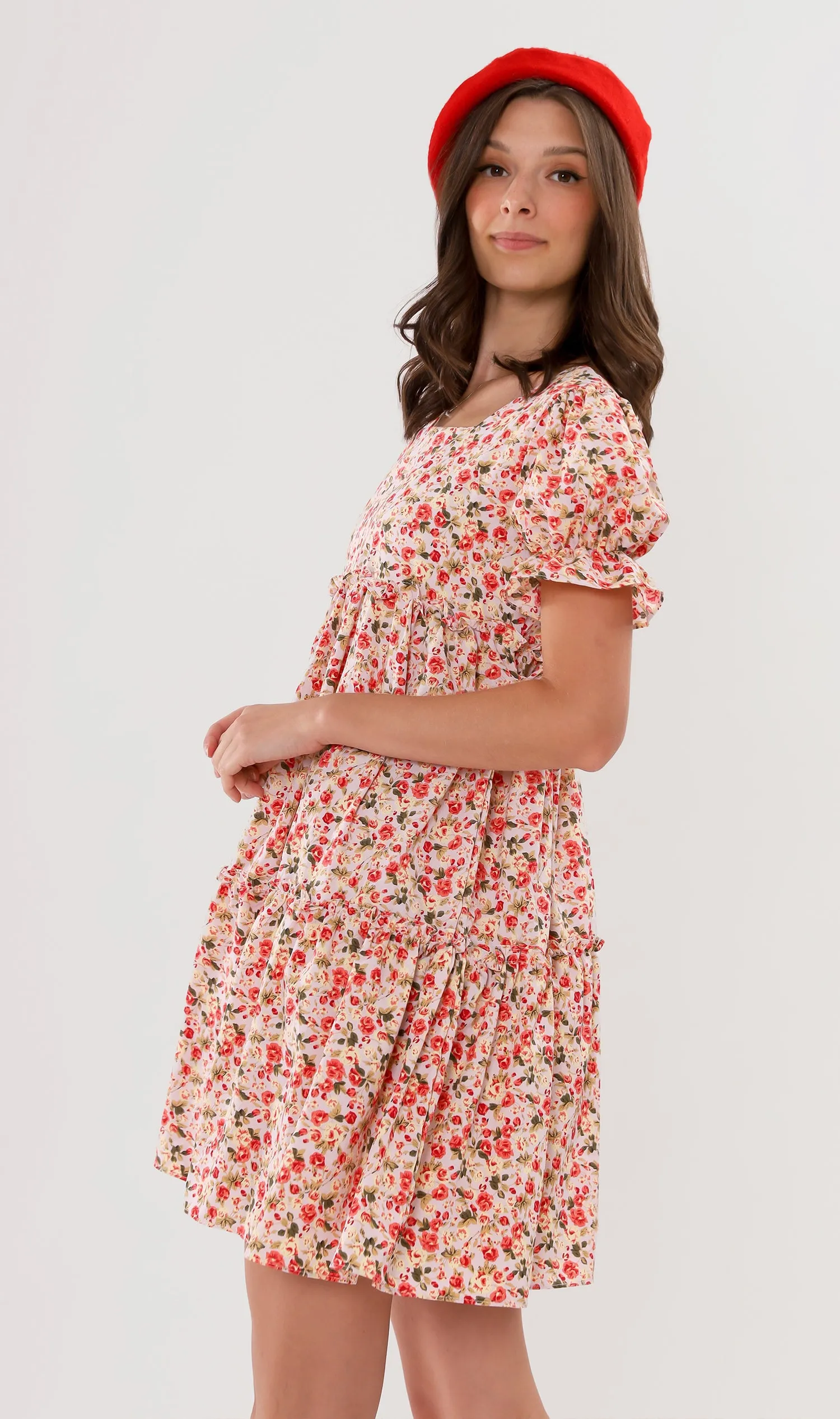 JADE Tiered Puff-Sleeve Dress (Pink)