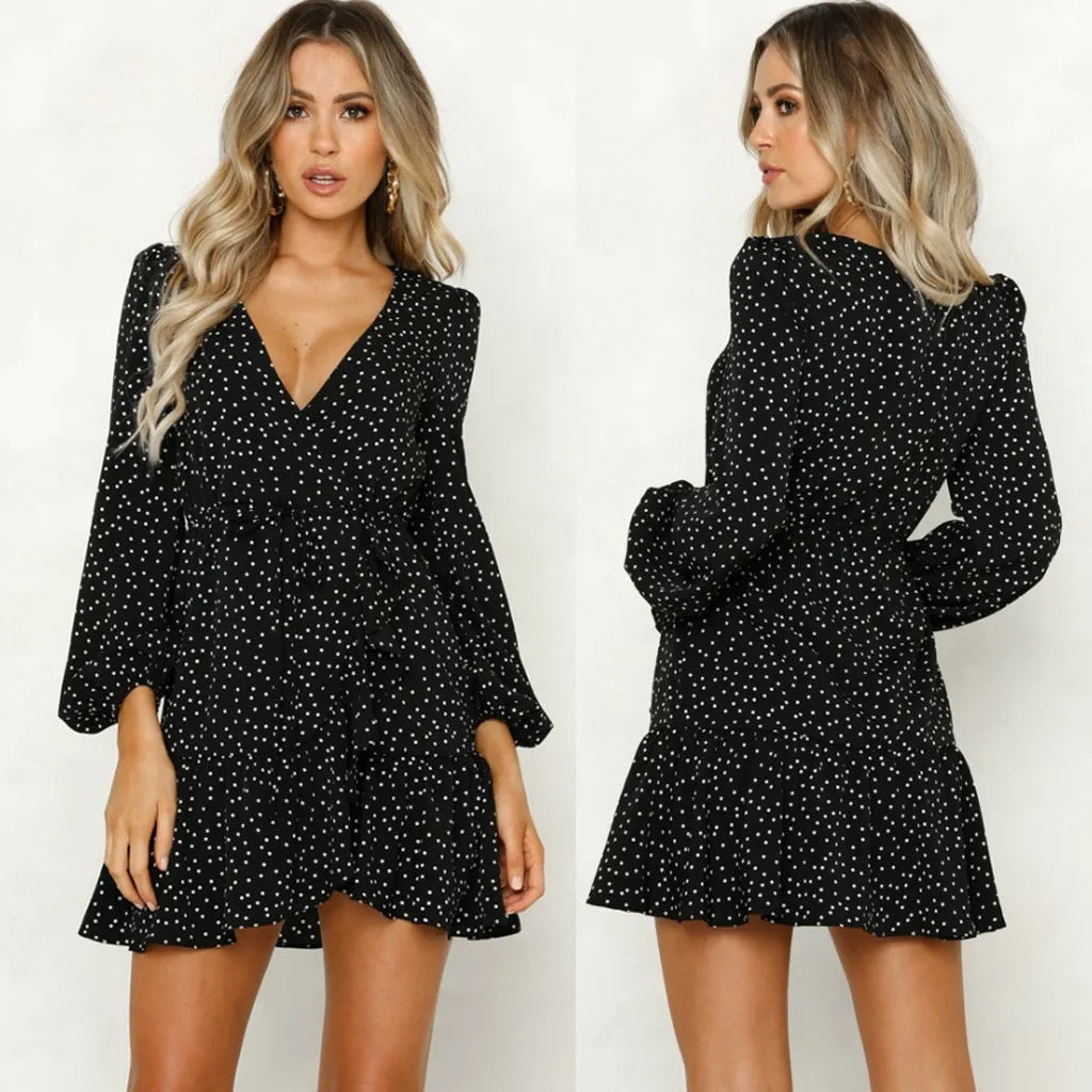 JAYCOSIN Party Vintage Women Dress Long Sleeve Female Sexy V-Neck Autumn 2019 Winter Dress Elegant Dot Print Dresses Vestidos