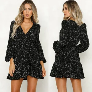 JAYCOSIN Party Vintage Women Dress Long Sleeve Female Sexy V-Neck Autumn 2019 Winter Dress Elegant Dot Print Dresses Vestidos