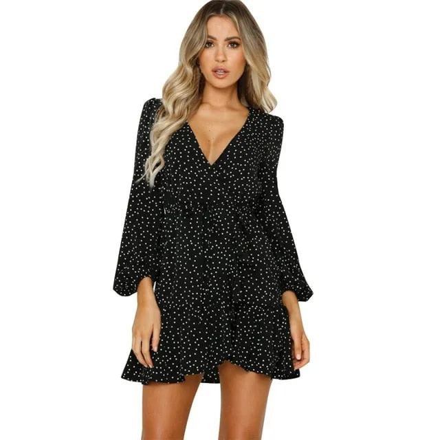 JAYCOSIN Party Vintage Women Dress Long Sleeve Female Sexy V-Neck Autumn 2019 Winter Dress Elegant Dot Print Dresses Vestidos
