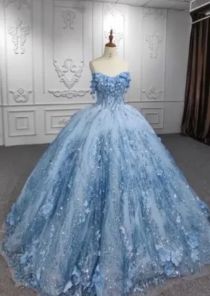 JazzHer Pretty Ball Gown Sweetheart Tulle Long Blue Floor Length Prom Dresses Blue Sweet  Dresses (PRE-ORDER)