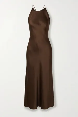 JazzHer Simple A Line Spaghetti Straps Long Silk Satin Brown Prom Dresses Evening Dress (PRE-ORDER)