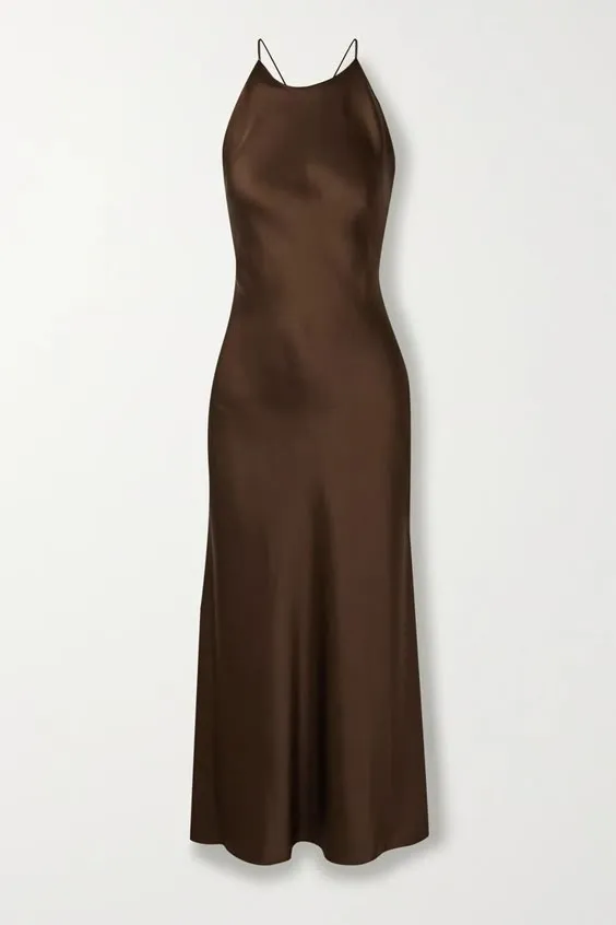 JazzHer Simple A Line Spaghetti Straps Long Silk Satin Brown Prom Dresses Evening Dress (PRE-ORDER)